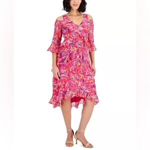 Tahari ASL Pink Printed Cold-Shoulder Asymmetric-Ruffle Dress NWT